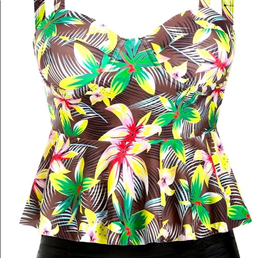Floral Peplum Hem Push Up Tankini Swimwear